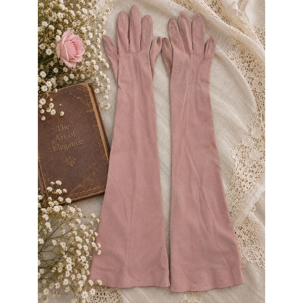 VTG 40s French Kid Suede Opera Gloves Pink 7.5 Long Bridal Wedding T. Eatons Co. - Picture 2 of 10
